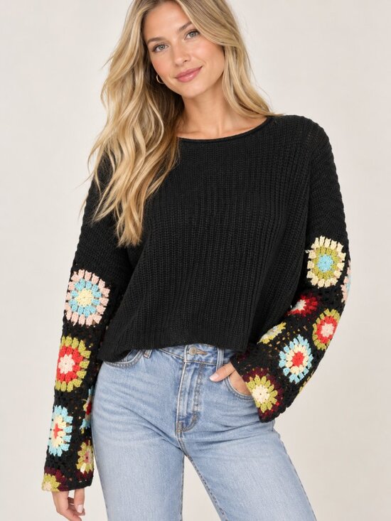 Francesca's Sweaters - Francesca's Granny Square Crochet Sleeve Sweater